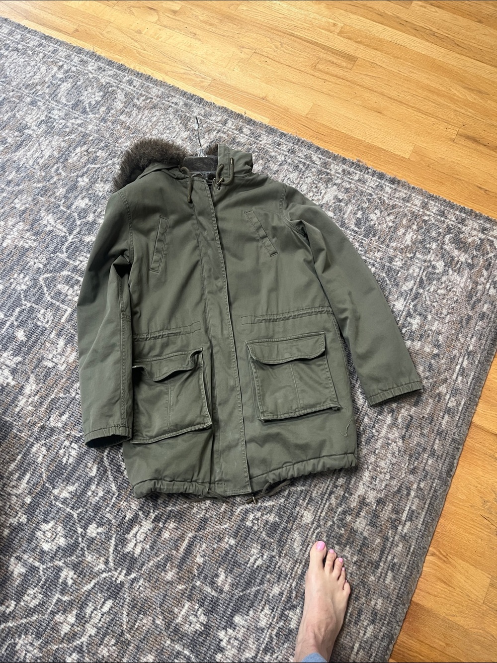 WomenOlive Green Parka Jacket with Faux Fur Trim